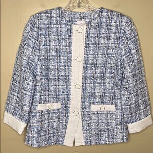 ECRU Blue & White Woven Tweed Mixed Media Corporate Career Wear Blazer NWT XS